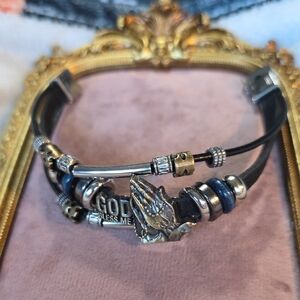 Stainless Steel and Black Leather "God Bless Me" Bracelet